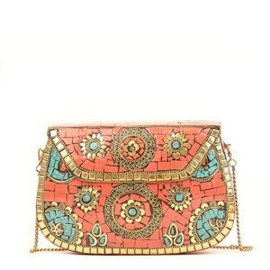 Antik Kraft Amoli Clutch Berry Mosaic Outer Shell Unique Orange Turquoise Purse